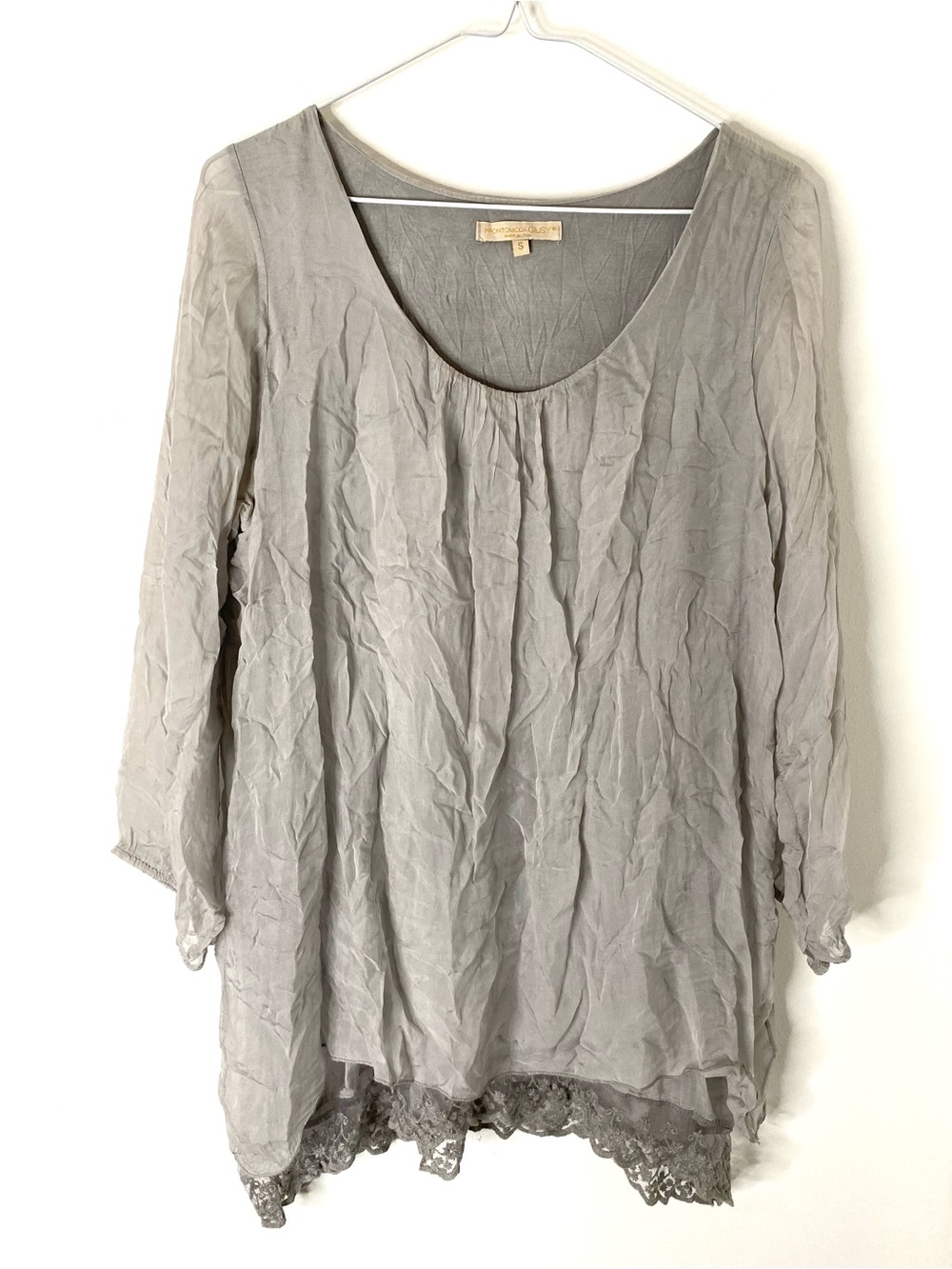 Grey 100% Silk Lace Hem Layered Boho Tunic Blouse Prontomoda Giusy Italy
